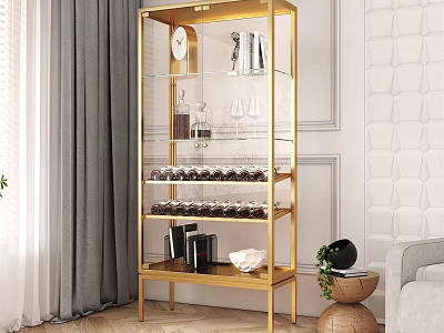 Modern Gold Frame Wine Cabinet Display With Glass Shelves Wine Bottles And Glasses 3d model