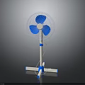 Modern Standing Electric Fan With Blue Blades And White Base For Home Cooling Use