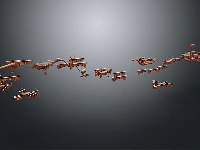 Different Types Of Copper Colored Metallic Aircraft Models Arranged On Gray Background 3d model