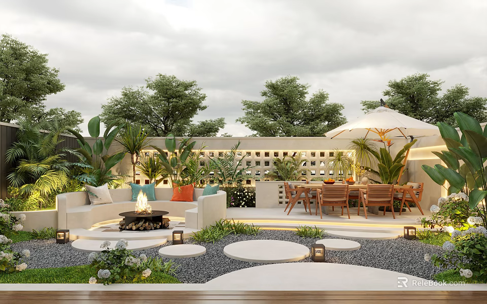 Courtyard Garden With Cozy Sofa Fire Pit Green Plants Outdoor Dining Table And Decorative Lighting 3d model 