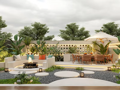 Courtyard Garden With Cozy Sofa Fire Pit Green Plants Outdoor Dining Table And Decorative Lighting 3d model