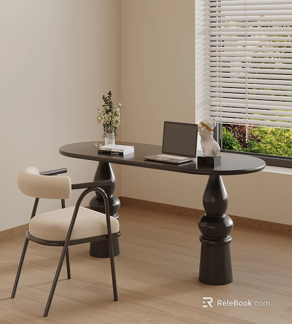 Cozy Home Office Corner With Oval Table Laptop Vase Chair And Window Blinds 3d model 