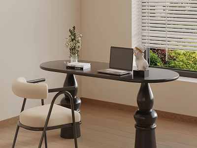 Cozy Home Office Corner With Oval Table Laptop Vase Chair And Window Blinds 3d model