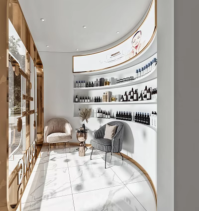 Modern Elegant Beauty Product Store With Display Shelves Chairs And White Tiled Floor 3d model