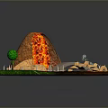 Detailed Volcanic Landscape Model With Lava Flows White Road And Green Grass