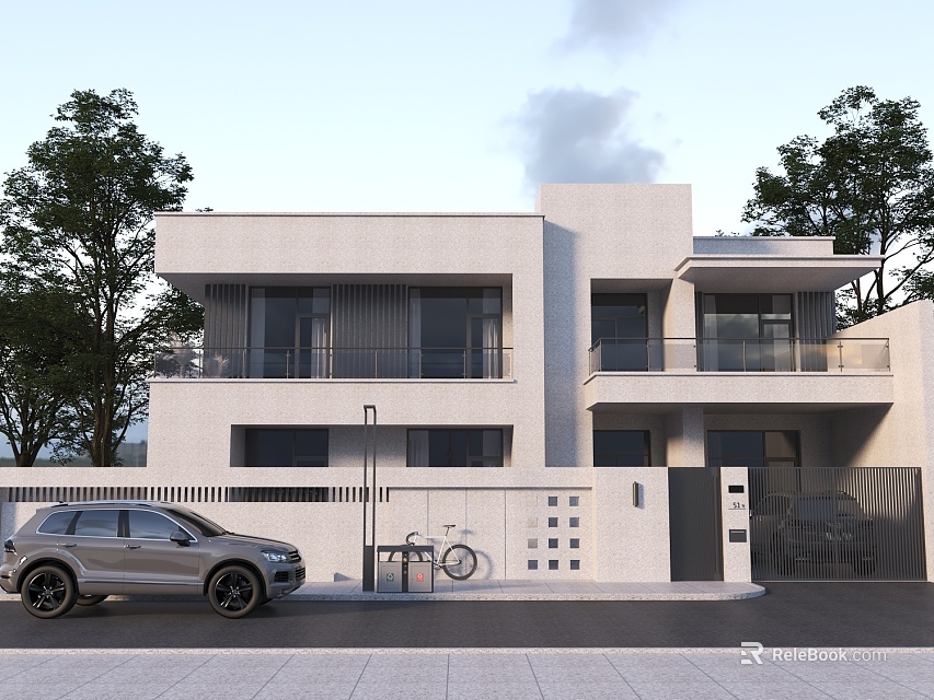 Modern Two Story Detached Villa With White Exterior Large Windows Balcony And Car Parked Front 3d model 