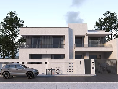Modern Two Story Detached Villa With White Exterior Large Windows Balcony And Car Parked Front 3d model