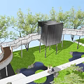 Modern Elevated Spiral Pedestrian Walkway With Railing And Greenery People Walking