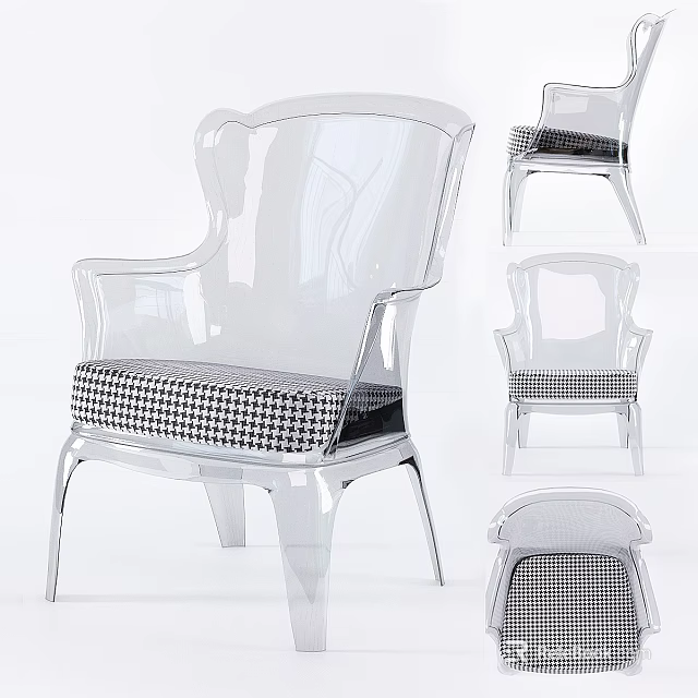 Modern Acrylic Leisure Chair With Checkerboard Pattern Cushion And Transparent Frame 3d model 