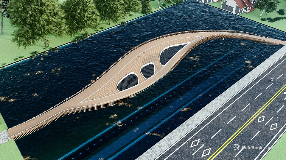 Curved Scenic Landscape Bridge With Circular Openings Over Water Near Road And Trees 3d model 