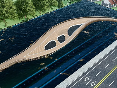 Curved Scenic Landscape Bridge With Circular Openings Over Water Near Road And Trees 3d model