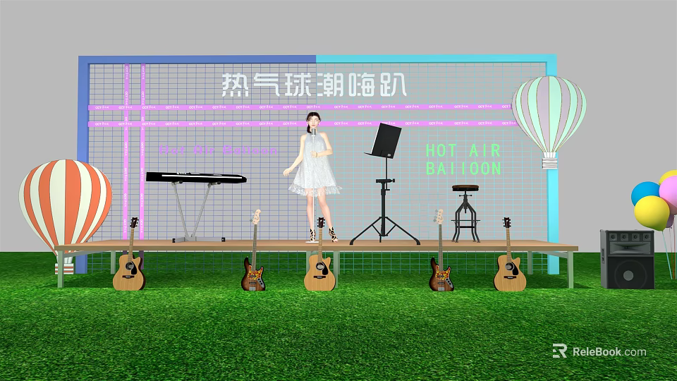Hot Air Balloon Party Scene With Female Performer Guitars And Keyboard On Grass 3d model 