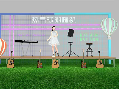 Hot Air Balloon Party Scene With Female Performer Guitars And Keyboard On Grass 3d model