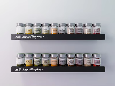 Neatly Arranged Glass Spice Jars with Labels on Black Kitchen Shelves 3d model