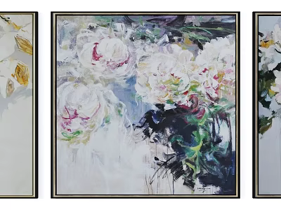 Botanical Paintings With White Pink Peonies Green Leaves And Abstract Brushstrokes 3d model