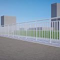 White Railings Along Modern Buildings With Blue Sky Green Grass And Gray Ground