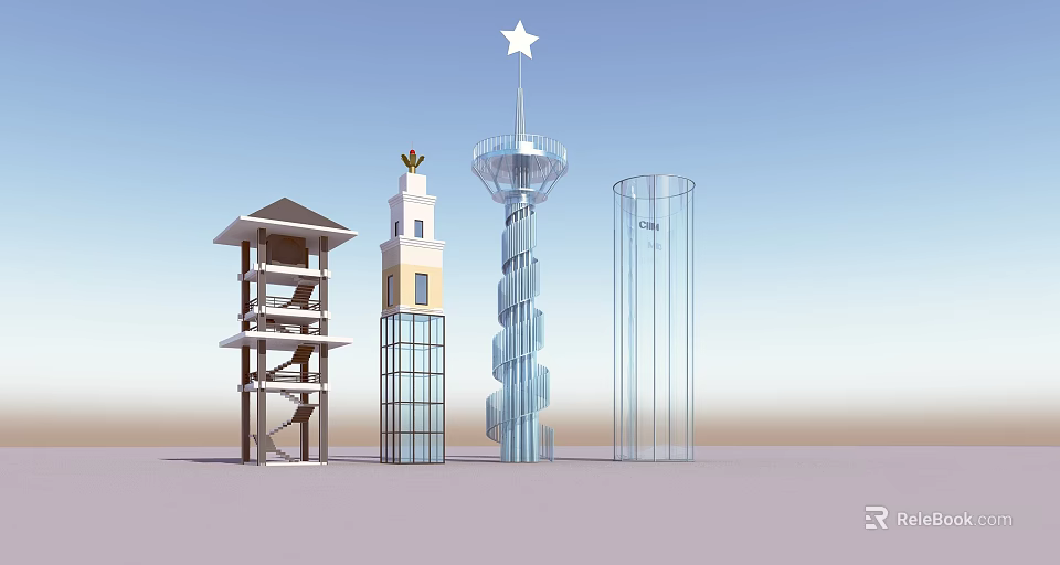 Various Architectural Towers Featuring Spiral Design Glass Structure And Star Decoration 3d model 