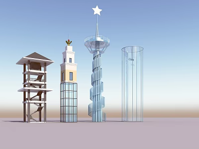 Various Architectural Towers Featuring Spiral Design Glass Structure And Star Decoration 3d model