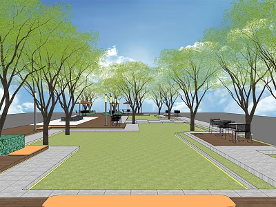 Scenic Residential Landscape With Lush Trees Green Lawn Walkways Benches Pavilion And Lampposts 3d model