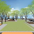 Scenic Residential Landscape With Lush Trees Green Lawn Walkways Benches Pavilion And Lampposts