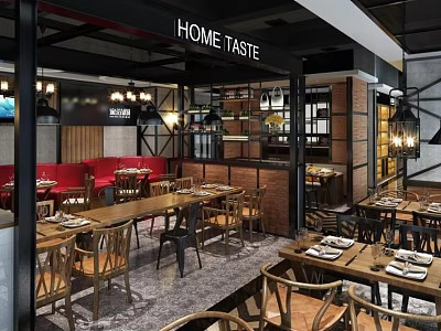 Home Taste Restaurant Interior With Wooden Tables Red Sofas And Pendant Lights 3d model