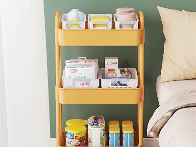 Yellow 3 Tier Storage Rack in Bedroom with Organized Daily Essentials 3d model