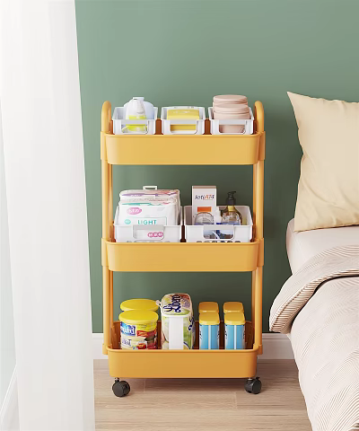 Yellow 3 Tier Storage Rack in Bedroom with Organized Daily Essentials 3d model