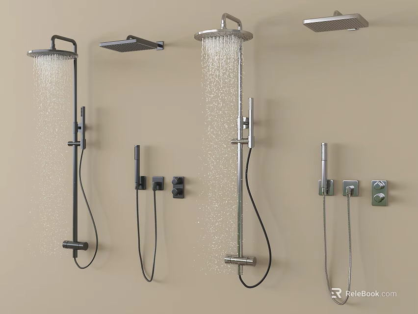 Various Modern Shower Heads with Wall Mounted and Handheld Sprayers and Water Flow 3d model 