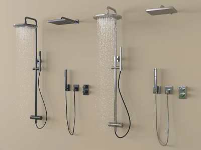 Various Modern Shower Heads with Wall Mounted and Handheld Sprayers and Water Flow 3d model
