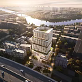 Modern High Rise Building Exterior With Glass Facade Greenery Trees And Urban Pedestrians