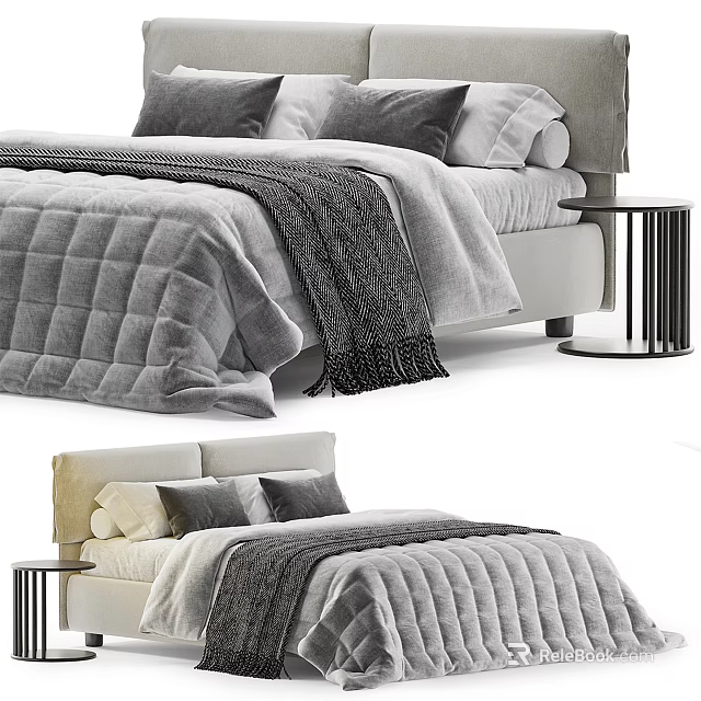 Modern Cozy Double Bed With Quilted Gray Bedspread Soft Pillows And Sleek Bedside Table 3d model 