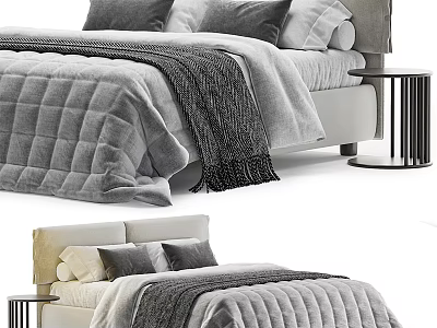 Modern Cozy Double Bed With Quilted Gray Bedspread Soft Pillows And Sleek Bedside Table 3d model