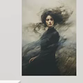 Artistic Female Portrait with Flowing Long Hair and Dark Clothing Against Windblown Fabric and Grass