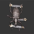 Metallic Beetle With Scaly Textured Exoskeleton Standing On Wooden Platform Structure 3d model
