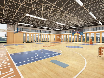 Indoor Basketball Court With Wooden Floor Blue Area White Lines And Ceiling Lighting 3d model