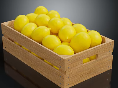 Fresh Ripe Lemons Arranged in Wooden Crate for Display and Sale 3d model