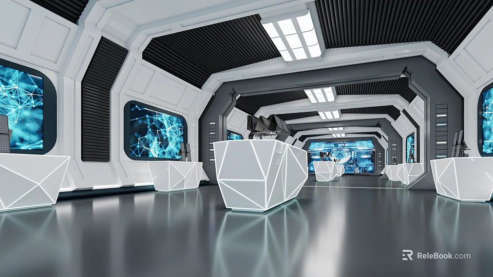 Futuristic Modern Interior Featuring Geometric Counters Blue Screens Sleek Floors And Metallic Ceiling 3d model 