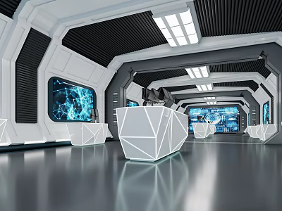 Futuristic Modern Interior Featuring Geometric Counters Blue Screens Sleek Floors And Metallic Ceiling 3d model