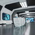 Futuristic Modern Interior Featuring Geometric Counters Blue Screens Sleek Floors And Metallic Ceiling