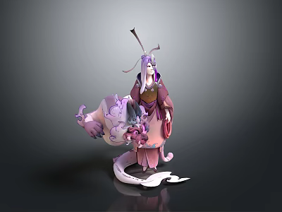 Elegant Woman In Traditional Purple Pink Outfit With Flowing Dress And Ornamental Hairpin 3d model