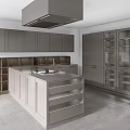 Modern Kitchen Interior With Sleek Gray Cabinets And Central Island Counter