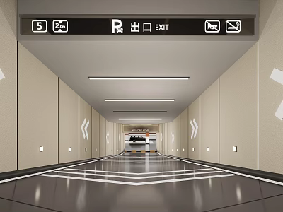 Well Lit Spacious Parking Garage Interior With Exit Signage And Floor Markings 3d model