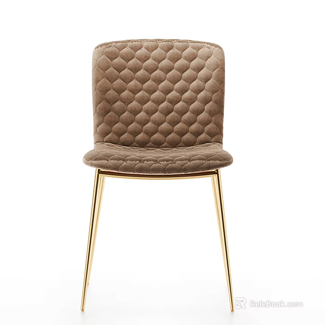 Elegant Brown Diamond Quilted Upholstered Dining Chair with Gold Metal Legs 3d model 