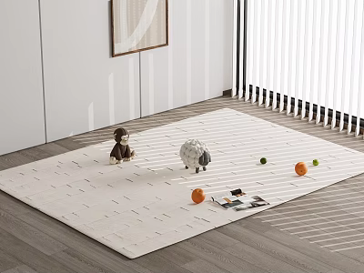 Square Carpet On Wooden Floor With Monkey Sheep Toys Oranges Limes And Magazine 3d model