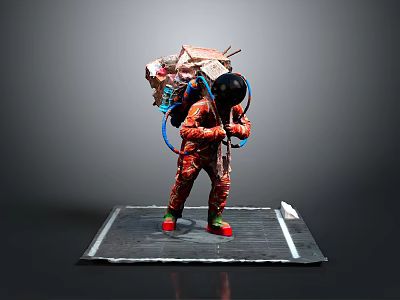 Detailed Humanoid Figure In Red Suit With Intricate Backpack Equipment And Black Tubes On Platform 3d model