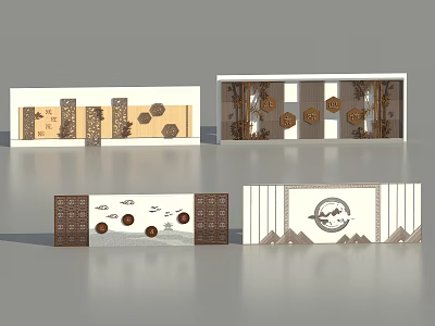 Traditional Chinese Feature Wall Design With Wooden Panels Circular Patterns And Landscape Motifs 3d model