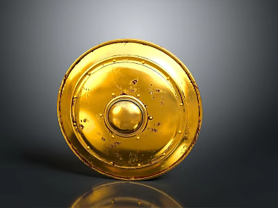 Ancient Golden Circular Shield With Decorations And Worn Marks On Gray Background 3d model