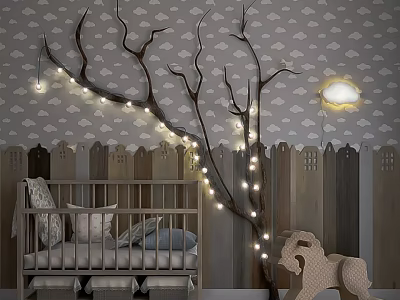 Cozy Baby Crib Room with Branch String Lights Cloud Wallpaper and Wooden Rocking Horse 3d model