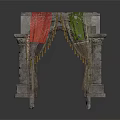 Ancient Stone Archway Decorated With Red Green Fabrics And Hanging Ornaments