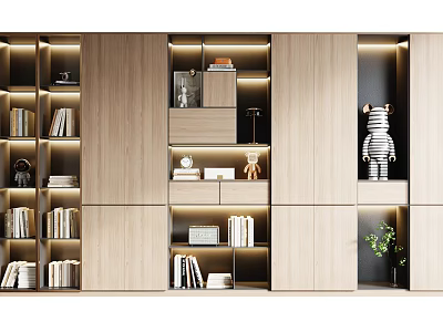 Modern Wooden Bookcase With Built-in Lighting And Multiple Shelves For Books And Decor Items 3d model
